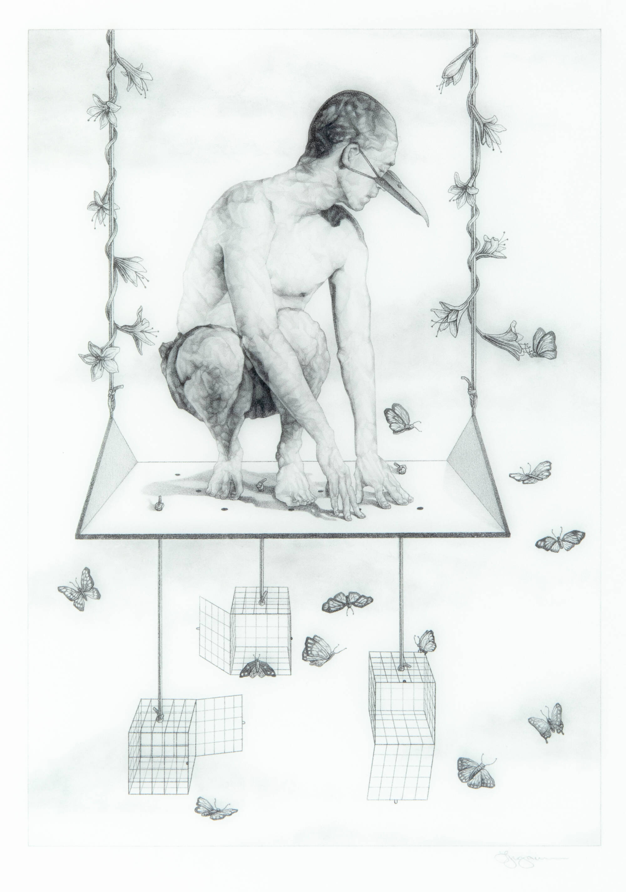 Drawing on glass of a man wearing a death mask, on a swing with cages of butterflies being released.